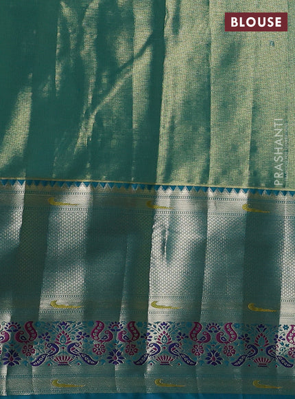 Tissue paithani silk saree purple shade and teal green with allover silver zari woven brocade weaves and long zari woven paithani style border