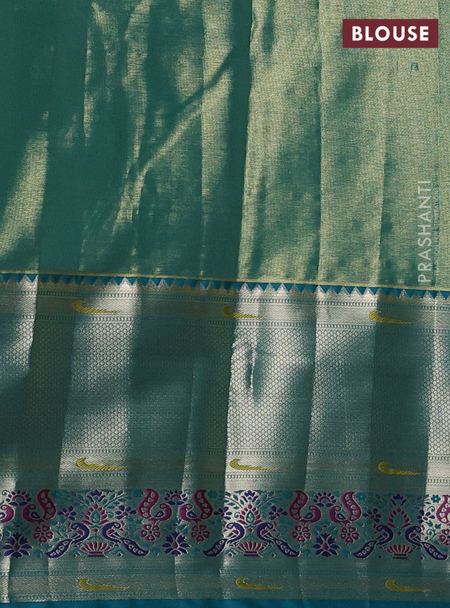 Tissue paithani silk saree purple shade and teal green with allover silver zari woven brocade weaves and long zari woven paithani style border