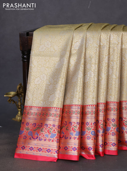 Tissue paithani silk saree gold and pink with allover silver zari woven brocade weaves and zari woven paithani style border