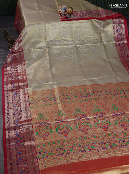 Tissue paithani silk saree gold and pink with allover silver zari woven brocade weaves and zari woven paithani style border