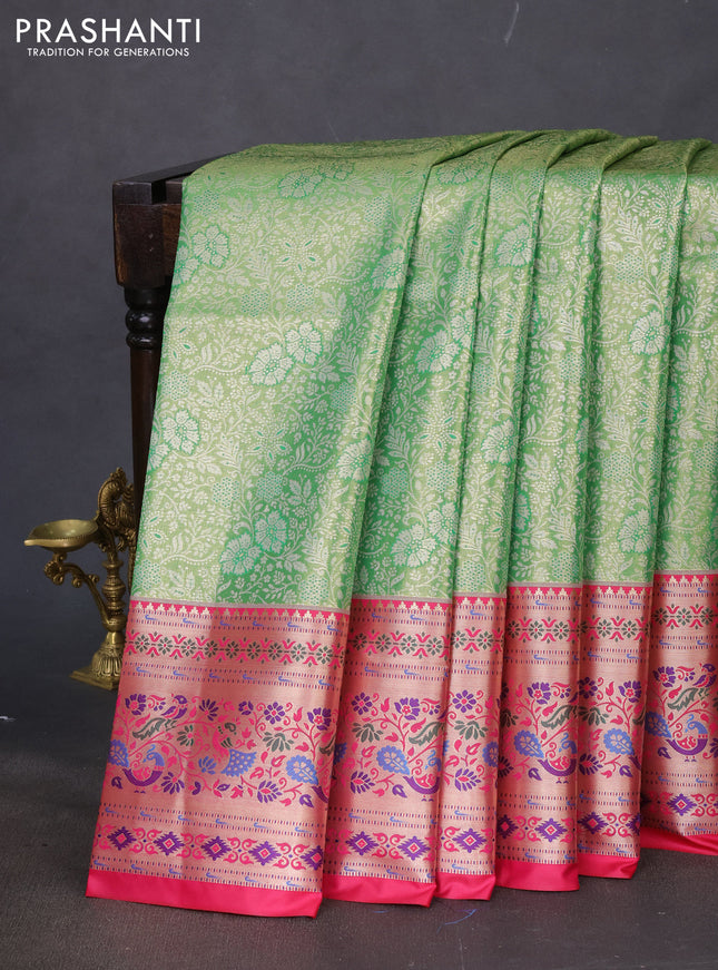 Tissue paithani silk saree light green and pink with allover silver zari woven brocade weaves and zari woven paithani style border