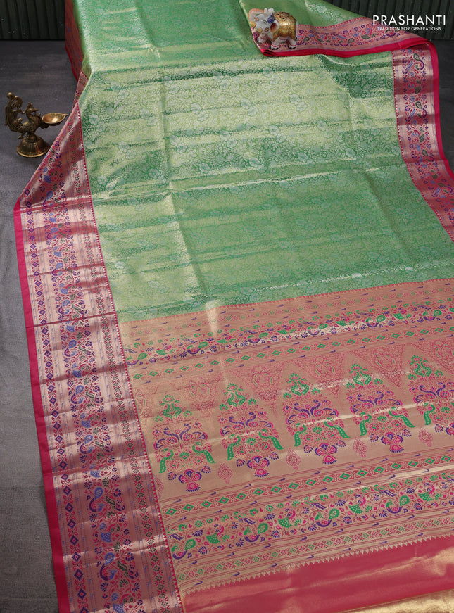 Tissue paithani silk saree light green and pink with allover silver zari woven brocade weaves and zari woven paithani style border