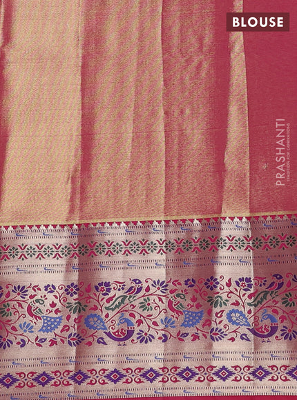 Tissue paithani silk saree light green and pink with allover silver zari woven brocade weaves and zari woven paithani style border