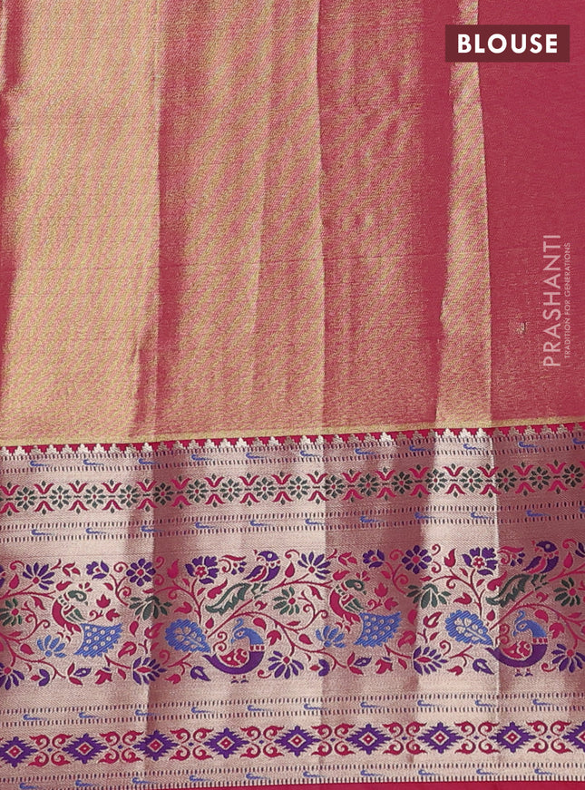 Tissue paithani silk saree light green and pink with allover silver zari woven brocade weaves and zari woven paithani style border