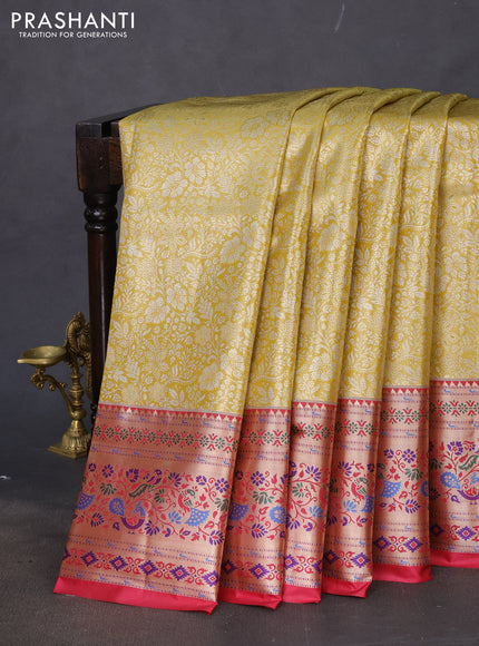 Tissue paithani silk saree gold and dark pink with allover silver zari woven brocade weaves and zari woven paithani style border