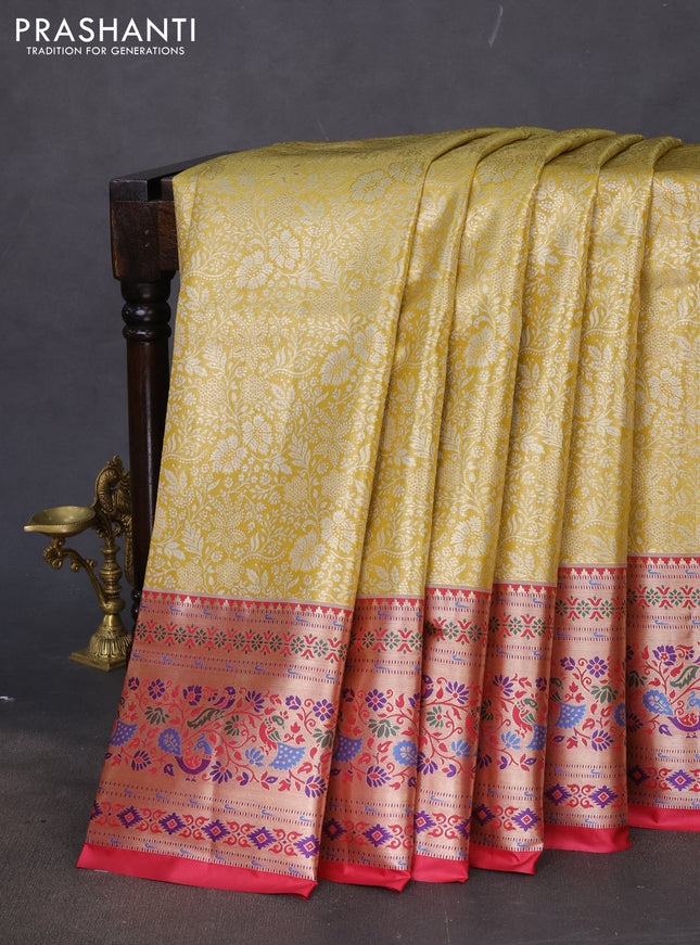 Tissue paithani silk saree gold and dark pink with allover silver zari woven brocade weaves and zari woven paithani style border