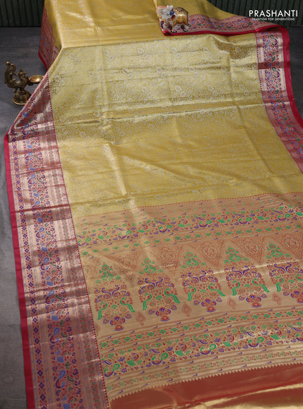 Tissue paithani silk saree gold and dark pink with allover silver zari woven brocade weaves and zari woven paithani style border