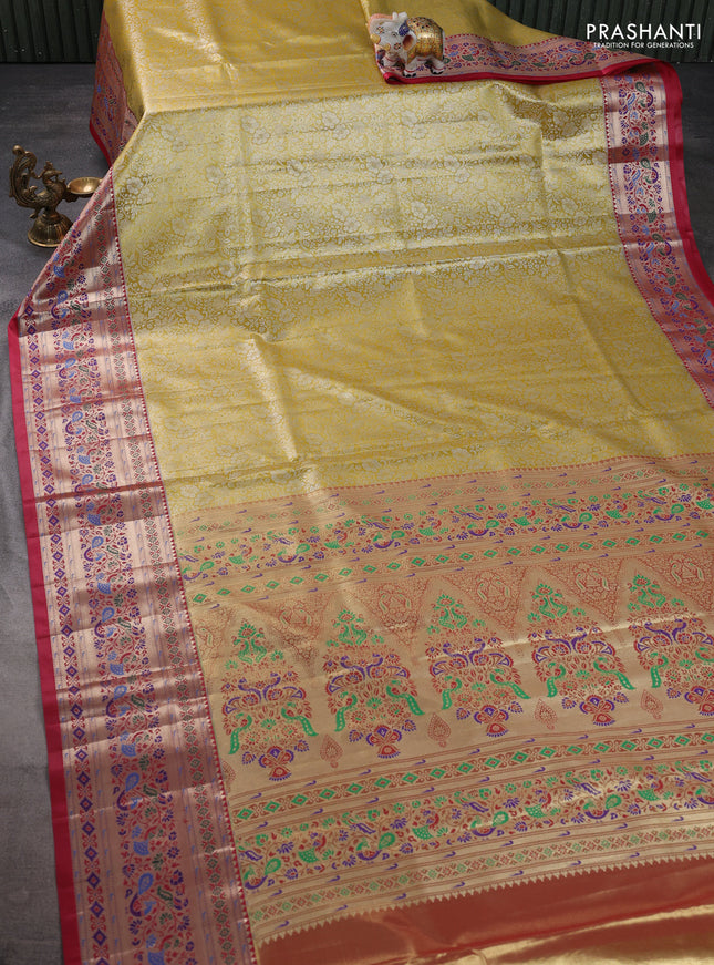 Tissue paithani silk saree gold and dark pink with allover silver zari woven brocade weaves and zari woven paithani style border