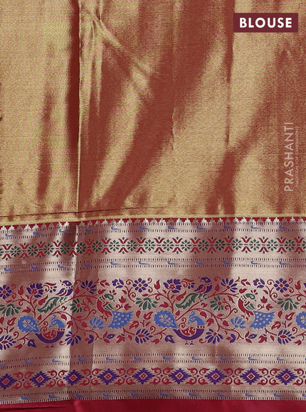 Tissue paithani silk saree gold and dark pink with allover silver zari woven brocade weaves and zari woven paithani style border