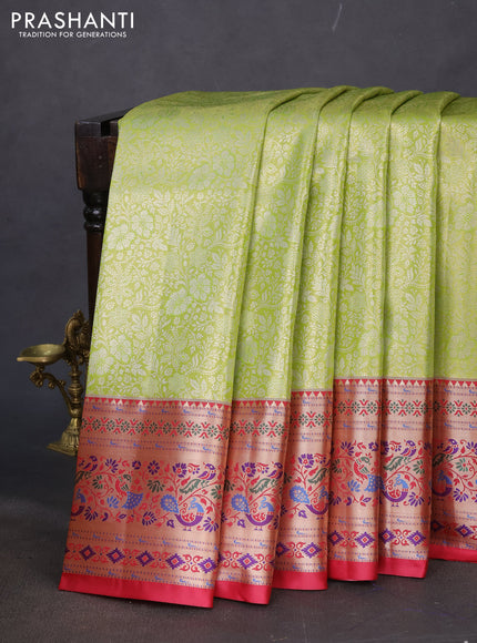 Tissue paithani silk saree light green and pink with allover silver zari woven brocade weaves and zari woven paithani style border