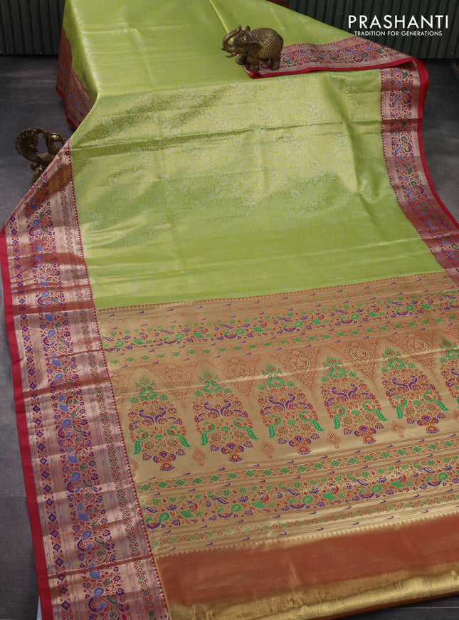 Tissue paithani silk saree light green and pink with allover silver zari woven brocade weaves and zari woven paithani style border