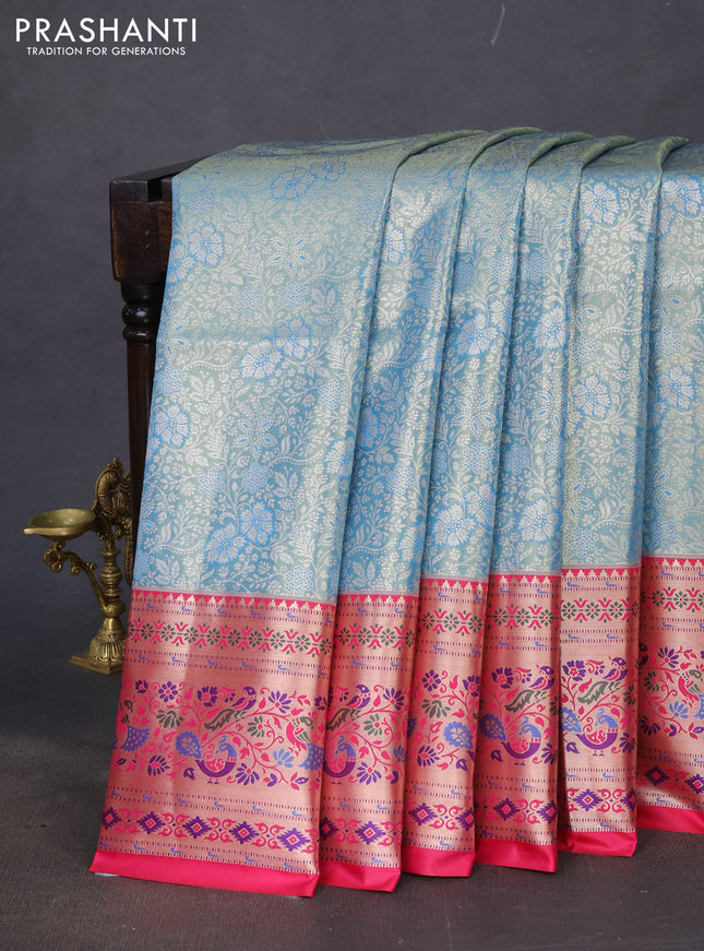 Tissue paithani silk saree blue and pink with allover silver zari woven brocade weaves and zari woven paithani style border