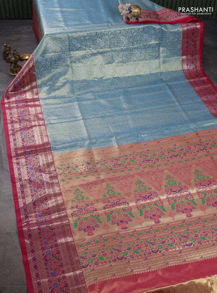 Tissue paithani silk saree blue and pink with allover silver zari woven brocade weaves and zari woven paithani style border