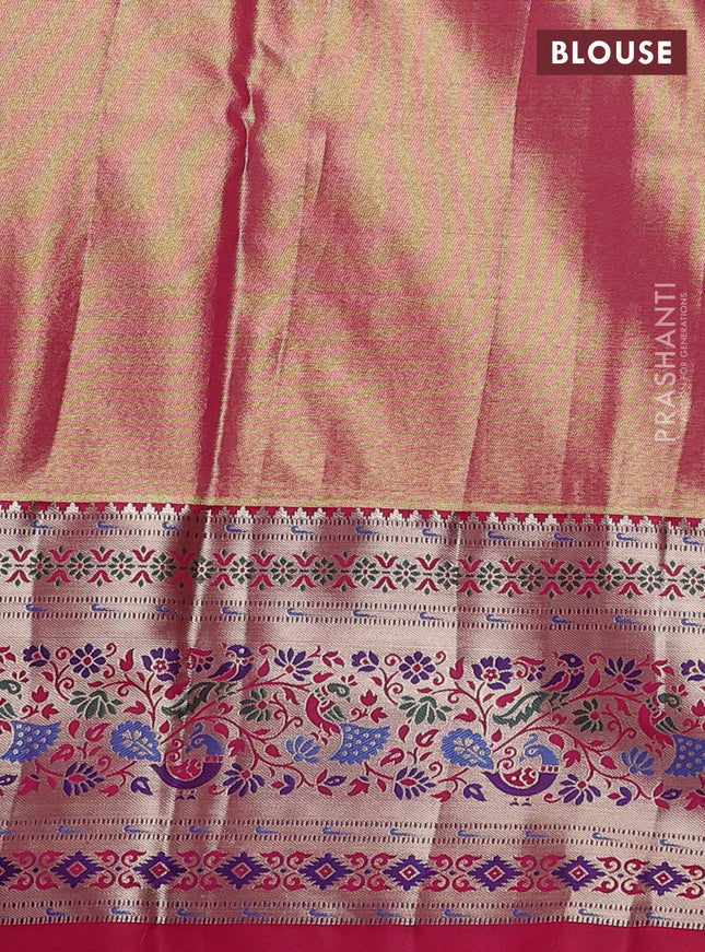 Tissue paithani silk saree blue and pink with allover silver zari woven brocade weaves and zari woven paithani style border