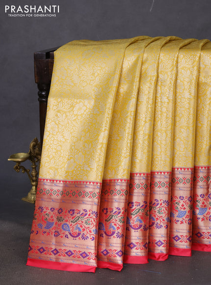 Tissue paithani silk saree yellow and red with allover silver zari woven brocade weaves and zari woven paithani style border