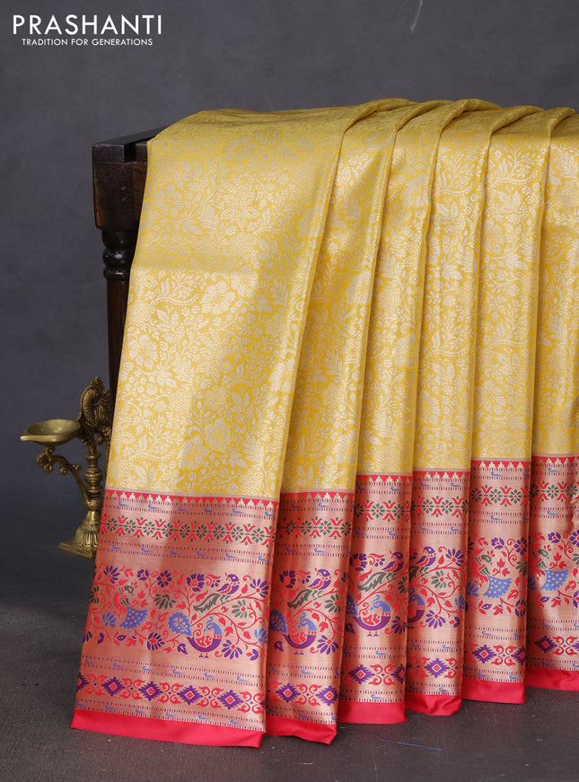Tissue paithani silk saree yellow and red with allover silver zari woven brocade weaves and zari woven paithani style border