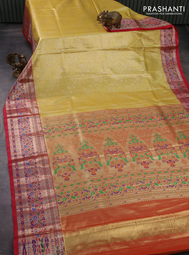 Tissue paithani silk saree yellow and red with allover silver zari woven brocade weaves and zari woven paithani style border