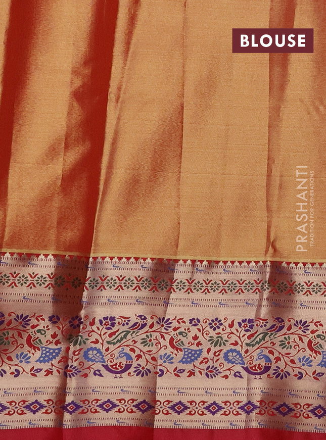 Tissue paithani silk saree yellow and red with allover silver zari woven brocade weaves and zari woven paithani style border