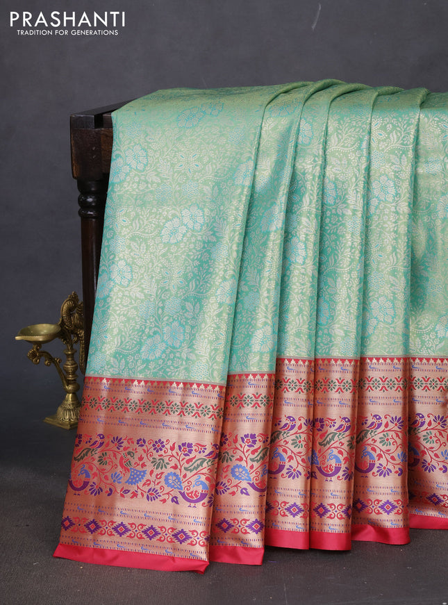 Tissue paithani silk saree teal green and reddish pink with allover silver zari woven brocade weaves and zari woven paithani style border
