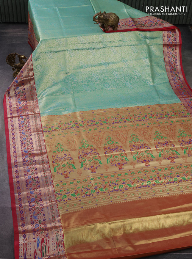 Tissue paithani silk saree teal green and reddish pink with allover silver zari woven brocade weaves and zari woven paithani style border