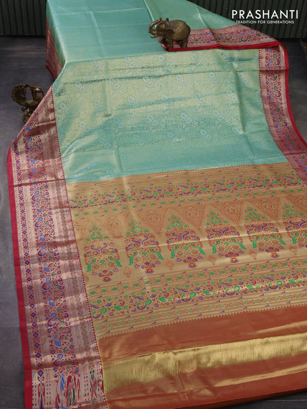Tissue paithani silk saree teal green and reddish pink with allover silver zari woven brocade weaves and zari woven paithani style border