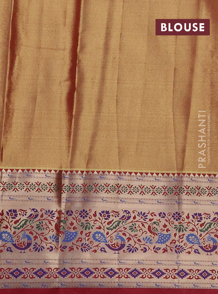 Tissue paithani silk saree teal green and reddish pink with allover silver zari woven brocade weaves and zari woven paithani style border