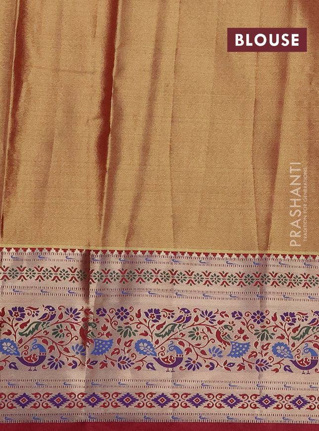 Tissue paithani silk saree teal green and reddish pink with allover silver zari woven brocade weaves and zari woven paithani style border