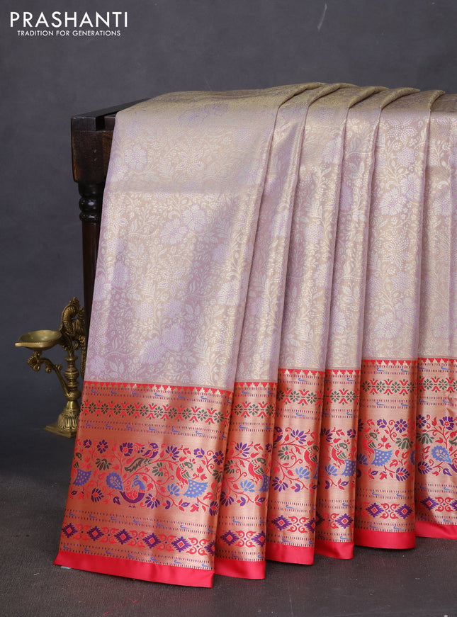 Tissue paithani silk saree mild lavender and reddish pink with allover silver zari woven brocade weaves and zari woven paithani style border