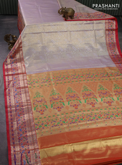 Tissue paithani silk saree mild lavender and reddish pink with allover silver zari woven brocade weaves and zari woven paithani style border