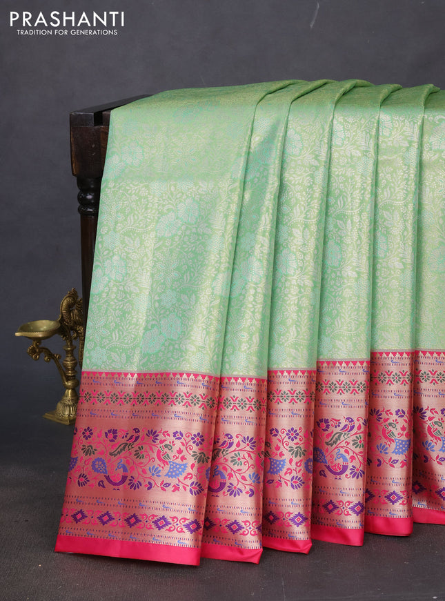 Tissue paithani silk saree light green and pink with allover silver zari woven brocade weaves and zari woven paithani style border