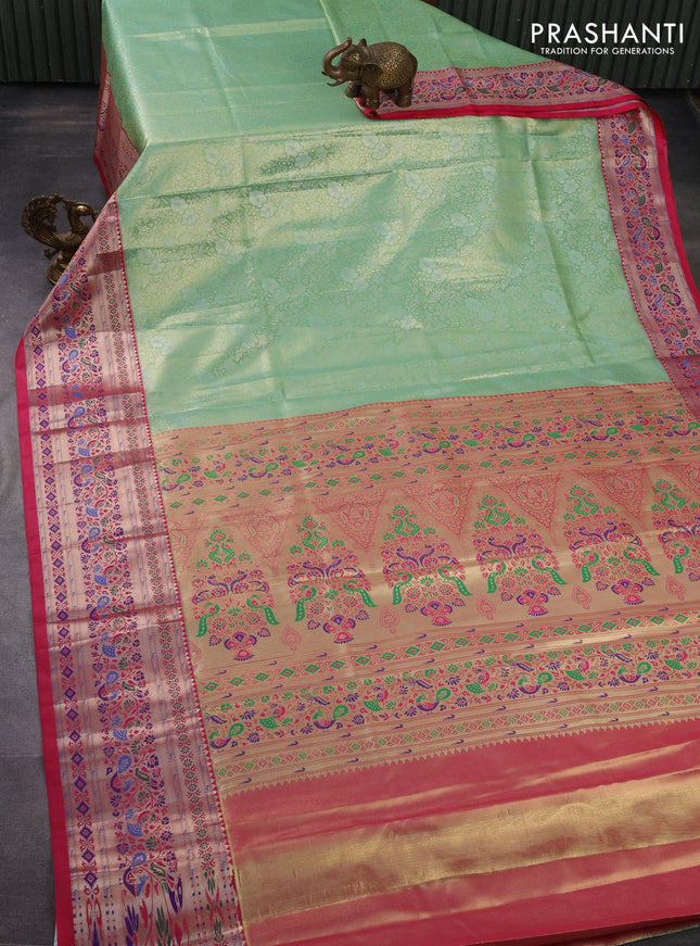 Tissue paithani silk saree light green and pink with allover silver zari woven brocade weaves and zari woven paithani style border