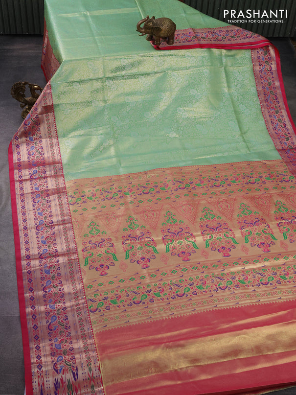 Tissue paithani silk saree light green and pink with allover silver zari woven brocade weaves and zari woven paithani style border