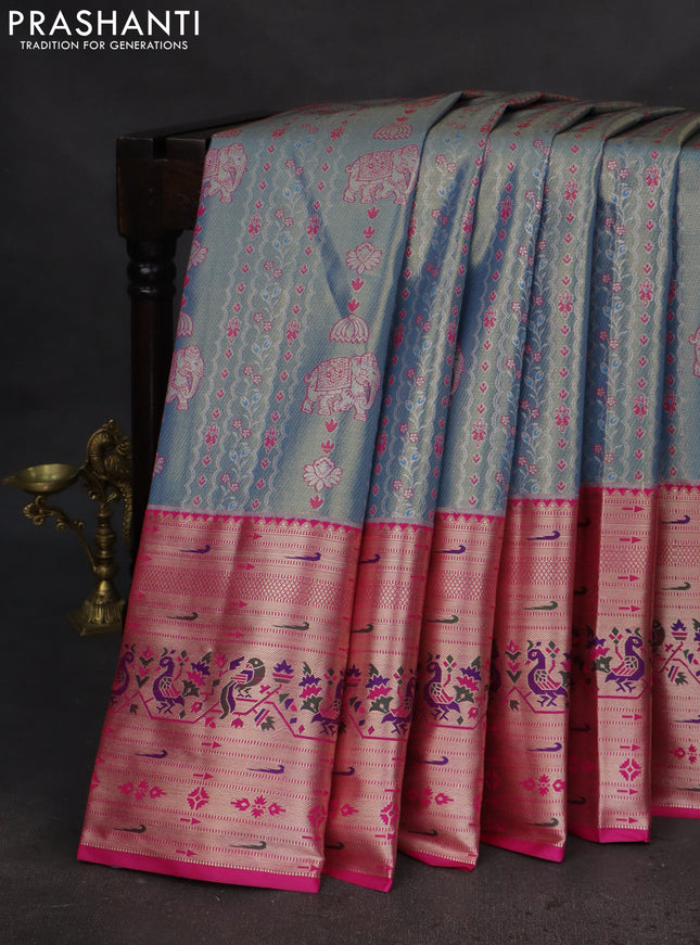 Tissue paithani silk saree dual shade of blue and pink with allover silver zari woven brocade weaves and long zari woven paithani style border