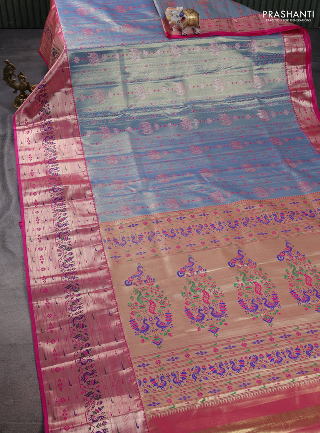 Tissue paithani silk saree dual shade of blue and pink with allover silver zari woven brocade weaves and long zari woven paithani style border