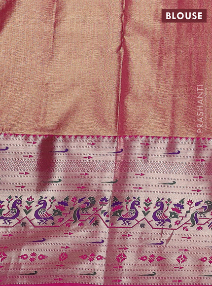 Tissue paithani silk saree dual shade of blue and pink with allover silver zari woven brocade weaves and long zari woven paithani style border
