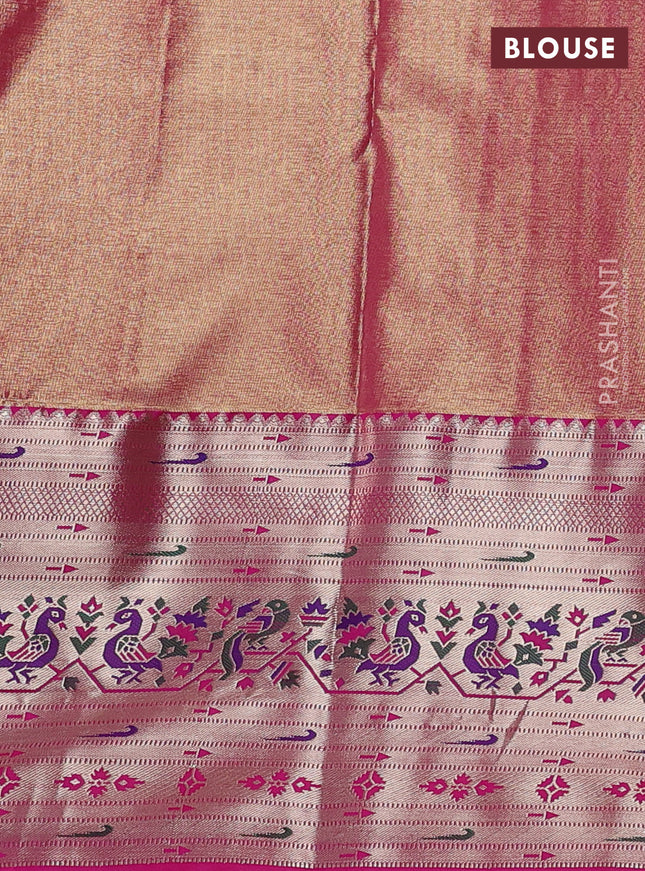 Tissue paithani silk saree dual shade of blue and pink with allover silver zari woven brocade weaves and long zari woven paithani style border