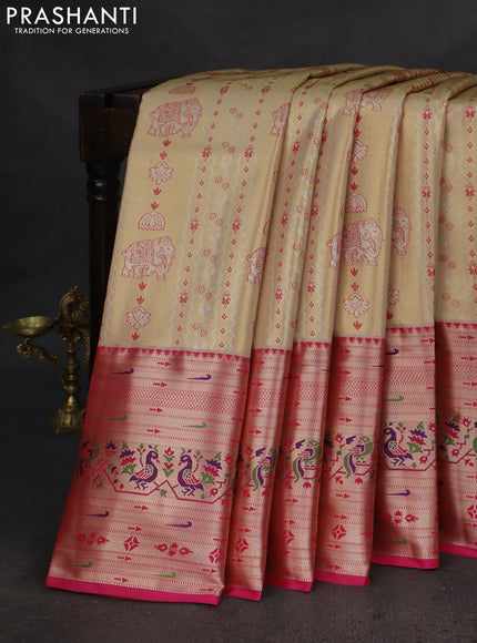 Tissue paithani silk saree gold and pink with allover zari woven brocade weaves and long zari woven paithani style border