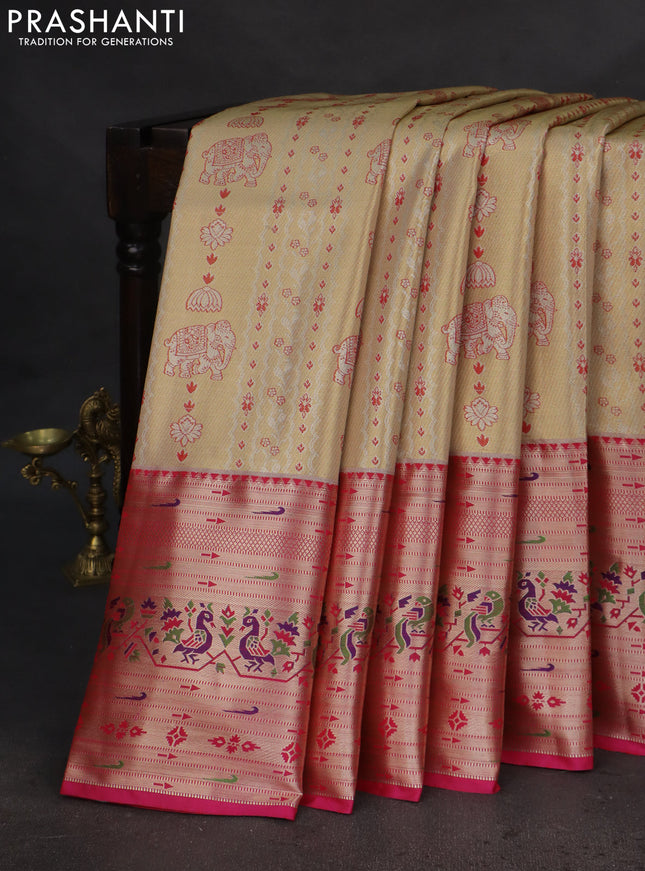 Tissue paithani silk saree gold and pink with allover zari woven brocade weaves and long zari woven paithani style border