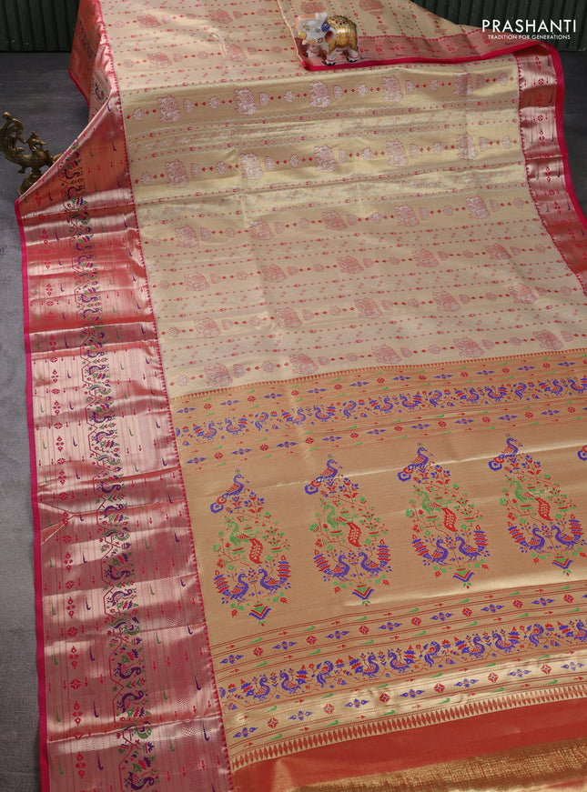 Tissue paithani silk saree gold and pink with allover zari woven brocade weaves and long zari woven paithani style border