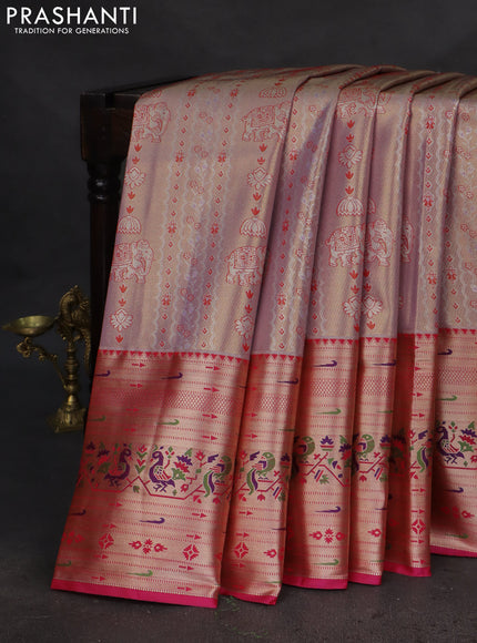 Tissue paithani silk saree pastel pink and pink with allover zari woven brocade weaves and long zari woven paithani style border