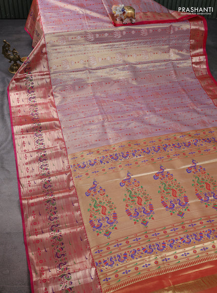 Tissue paithani silk saree pastel pink and pink with allover zari woven brocade weaves and long zari woven paithani style border
