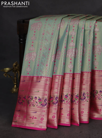 Tissue paithani silk saree dual shade of pastel blue and pink with allover silver zari woven brocade weaves and long zari woven paithani style border