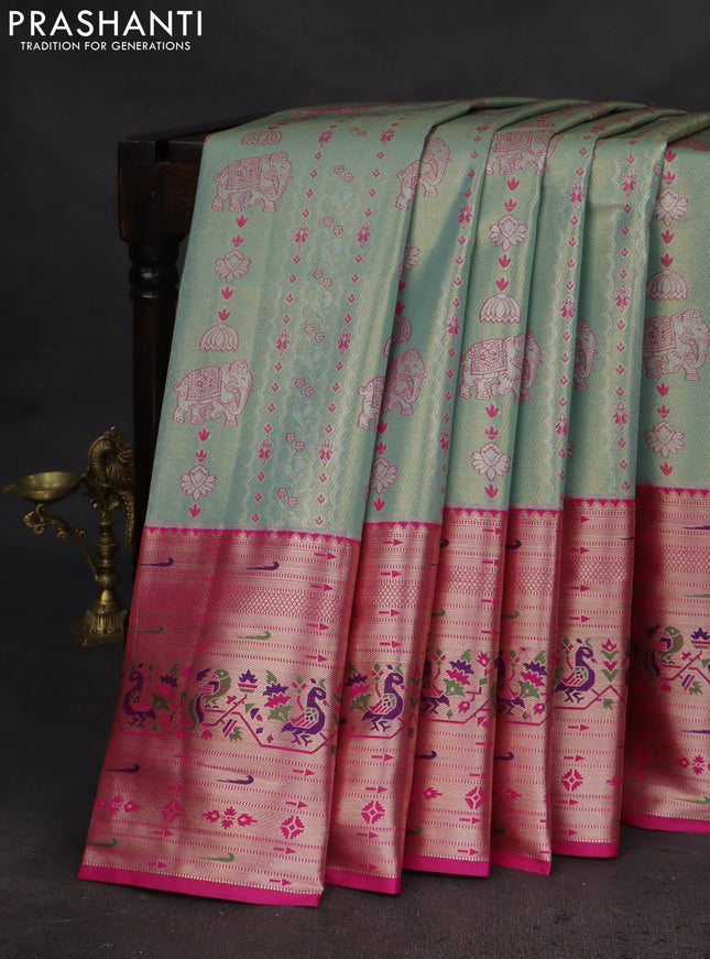 Tissue paithani silk saree dual shade of pastel blue and pink with allover silver zari woven brocade weaves and long zari woven paithani style border