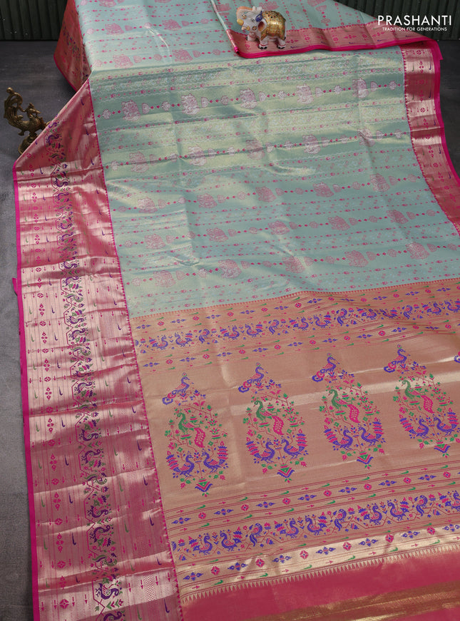 Tissue paithani silk saree dual shade of pastel blue and pink with allover silver zari woven brocade weaves and long zari woven paithani style border