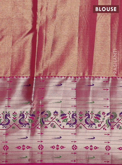 Tissue paithani silk saree dual shade of pastel blue and pink with allover silver zari woven brocade weaves and long zari woven paithani style border