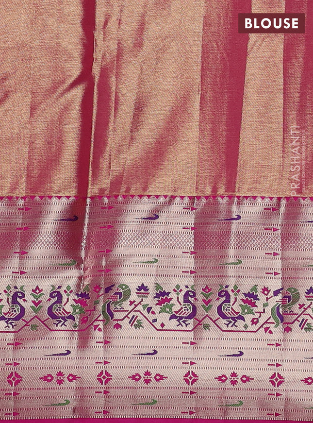 Tissue paithani silk saree dual shade of pastel blue and pink with allover silver zari woven brocade weaves and long zari woven paithani style border