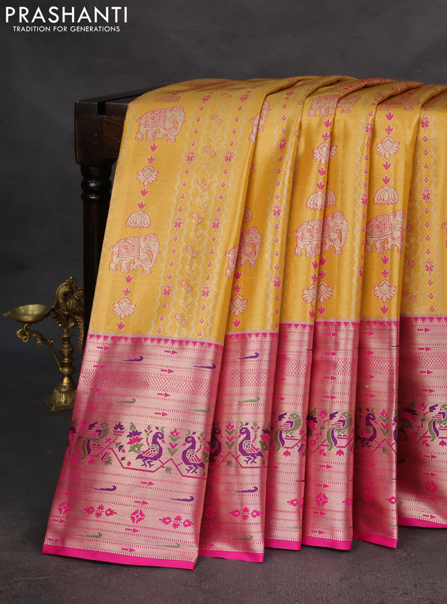 Tissue paithani silk saree yellow and pink with allover zari woven brocade weaves and long zari woven paithani style border