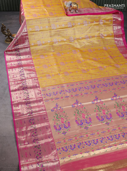 Tissue paithani silk saree yellow and pink with allover zari woven brocade weaves and long zari woven paithani style border