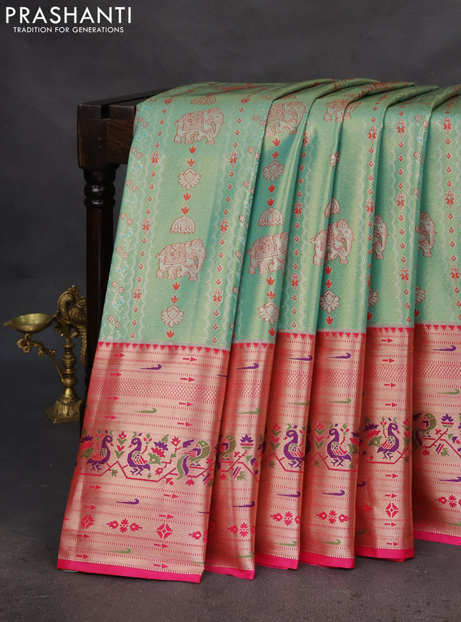 Tissue paithani silk saree green and pink with allover zari woven brocade weaves and long zari woven paithani style border