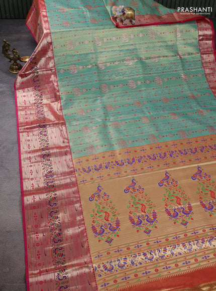 Tissue paithani silk saree green and pink with allover zari woven brocade weaves and long zari woven paithani style border